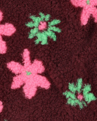Tissu Sherpa Bordeaux Motif Fleuri Rose et Vert - Mercerine