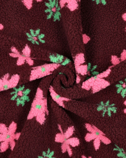 Tissu Sherpa Bordeaux Motif Fleuri Rose et Vert - Mercerine
