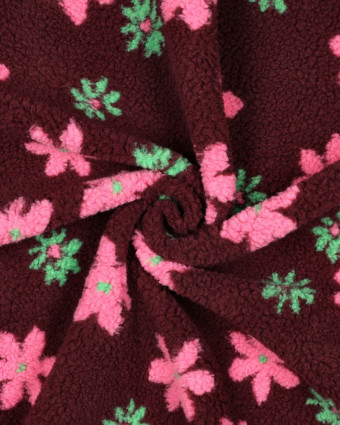 Tissu Sherpa Bordeaux Motif Fleuri Rose et Vert - Mercerine