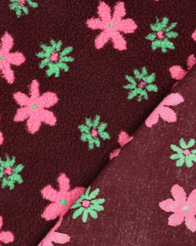 Tissu Sherpa Bordeaux Motif Fleuri Rose et Vert - Mercerine
