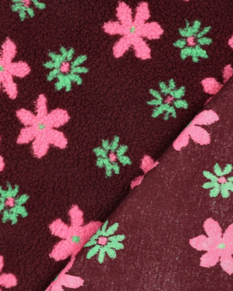 Tissu Sherpa Bordeaux Motif Fleuri Rose et Vert - Mercerine