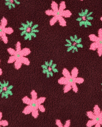 Tissu Sherpa Bordeaux Motif Fleuri Rose et Vert - Mercerine