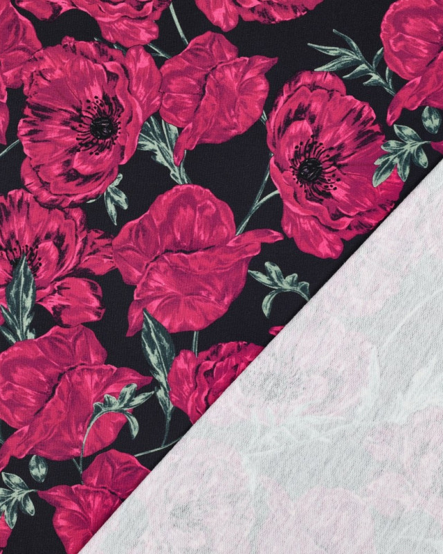 Tissu Sweat Coquelicot Fuchsia Fond Bleu Marine - Mercerine