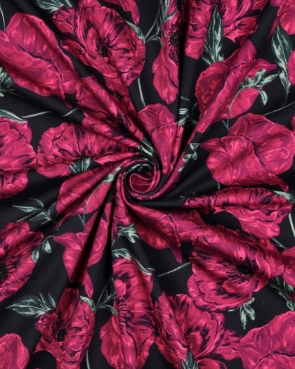 Tissu Sweat Coquelicot Fuchsia Fond Bleu Marine - Mercerine