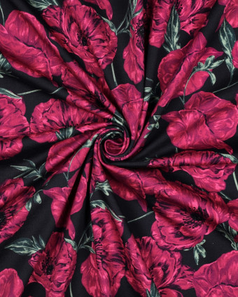 Tissu Sweat Coquelicot Fuchsia Fond Bleu Marine - Mercerine