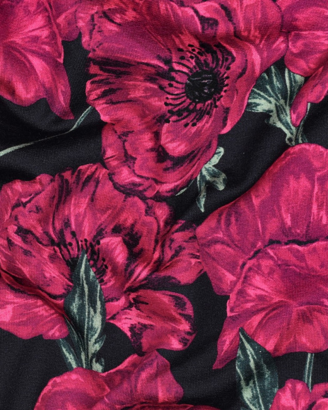 Tissu Sweat Coquelicot Fuchsia Fond Bleu Marine - Mercerine
