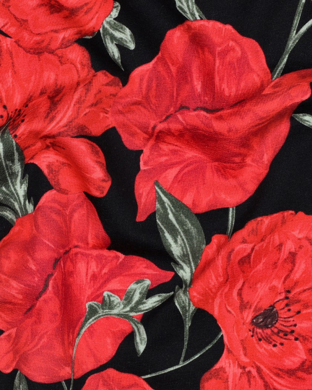 Tissu Sweat Coquelicot Rouge Fond Noir - Mercerine