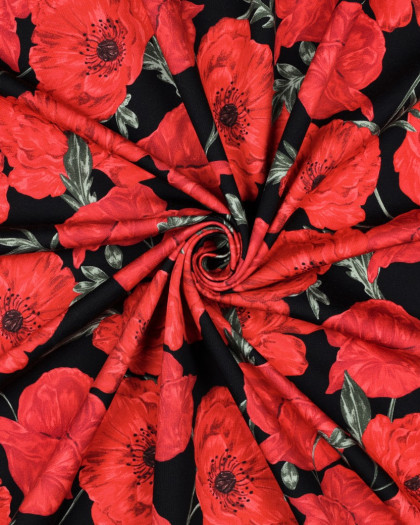 Tissu Sweat Coquelicot Rouge Fond Noir - Mercerine