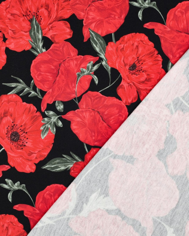 Tissu Sweat Coquelicot Rouge Fond Noir - Mercerine