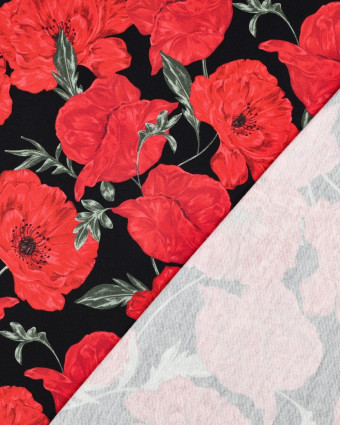 Tissu Sweat Coquelicot Rouge Fond Noir - Mercerine