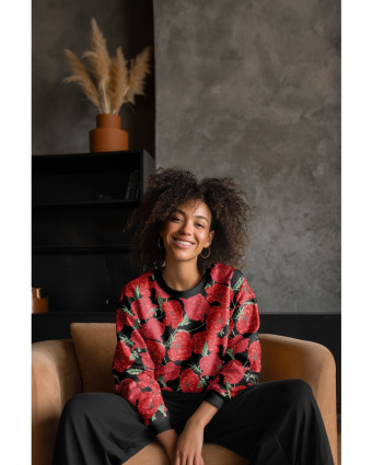 Tissu Sweat Coquelicot Rouge Fond Noir - Mercerine