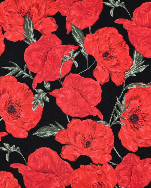 Tissu Sweat Coquelicot Rouge Fond Noir - Mercerine