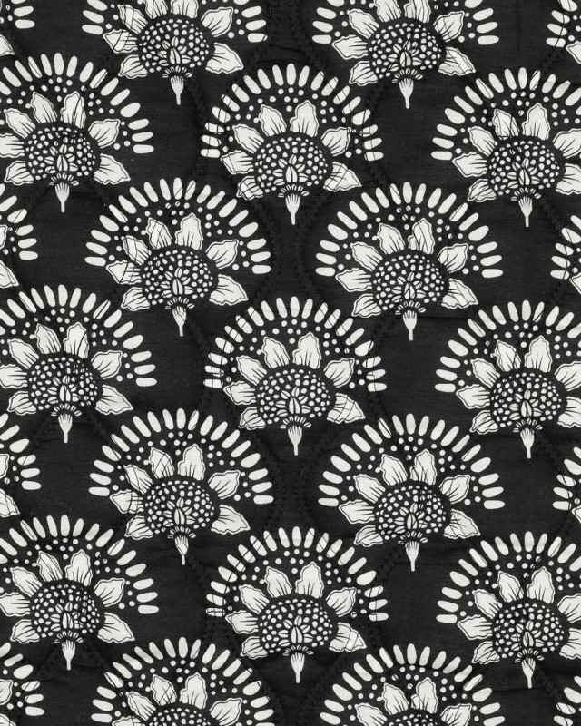 Tissu Matelassé Motif Floral Indien Noir Ecru - Mercerine