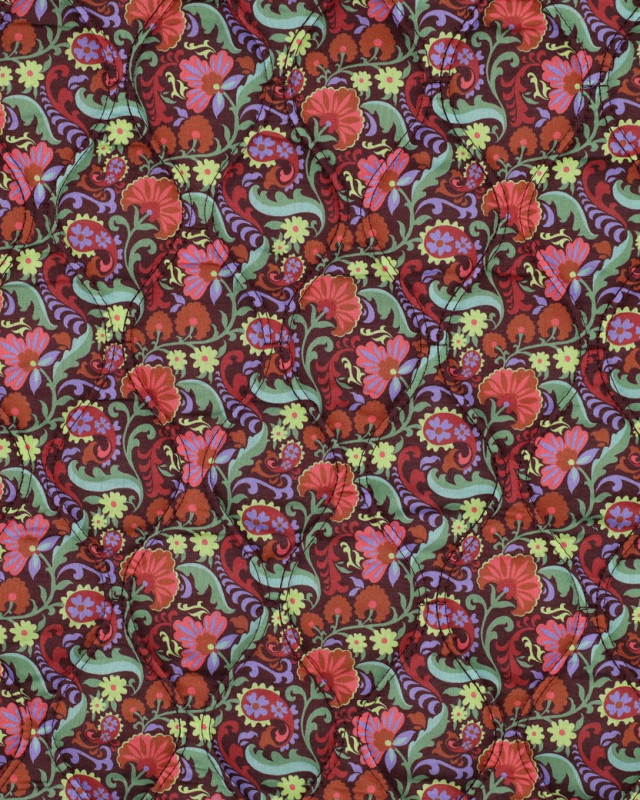 Tissu Matelassé Motif Fleuri Coloré Fond Cacao - Mercerine