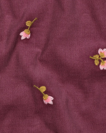 Tissu Velours Milleraies Violet Fleurs Brodées - Mercerine