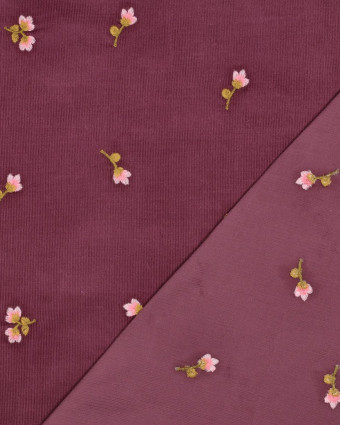 Tissu Velours Milleraies Violet Fleurs Brodées - Mercerine
