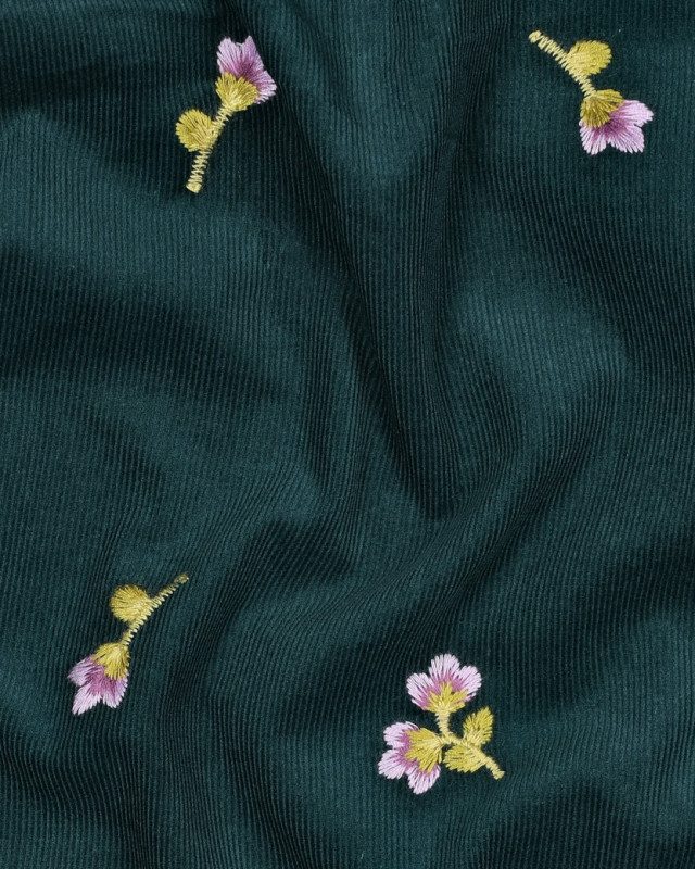 Tissu Velours Milleraies Vert Sapin Fleurs Brodées - Mercerine
