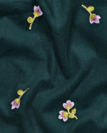Tissu Velours Milleraies Vert Sapin Fleurs Brodées - Mercerine