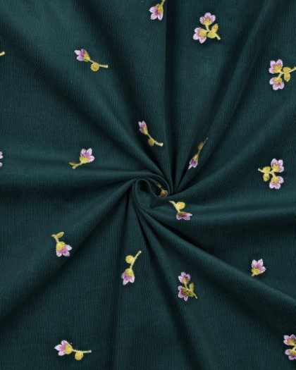 Tissu Velours Milleraies Vert Sapin Fleurs Brodées - Mercerine