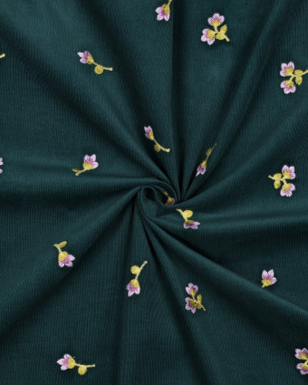 Tissu Velours Milleraies Vert Sapin Fleurs Brodées - Mercerine