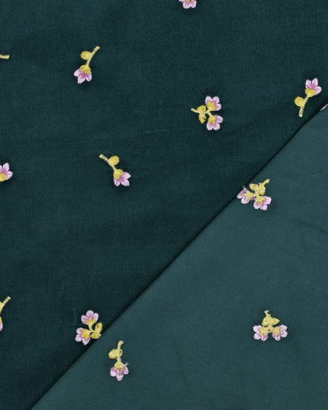 Tissu Velours Milleraies Vert Sapin Fleurs Brodées - Mercerine