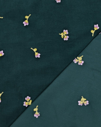 Tissu Velours Milleraies Vert Sapin Fleurs Brodées - Mercerine