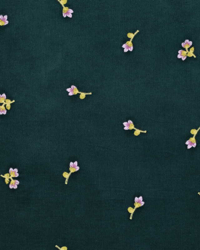 Tissu Velours Milleraies Vert Sapin Fleurs Brodées - Mercerine