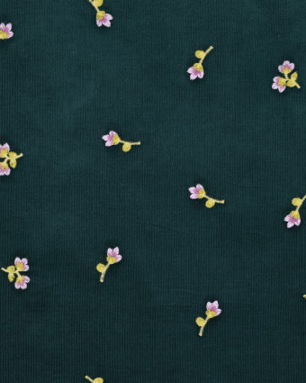 Tissu Velours Milleraies Vert Sapin Fleurs Brodées - Mercerine