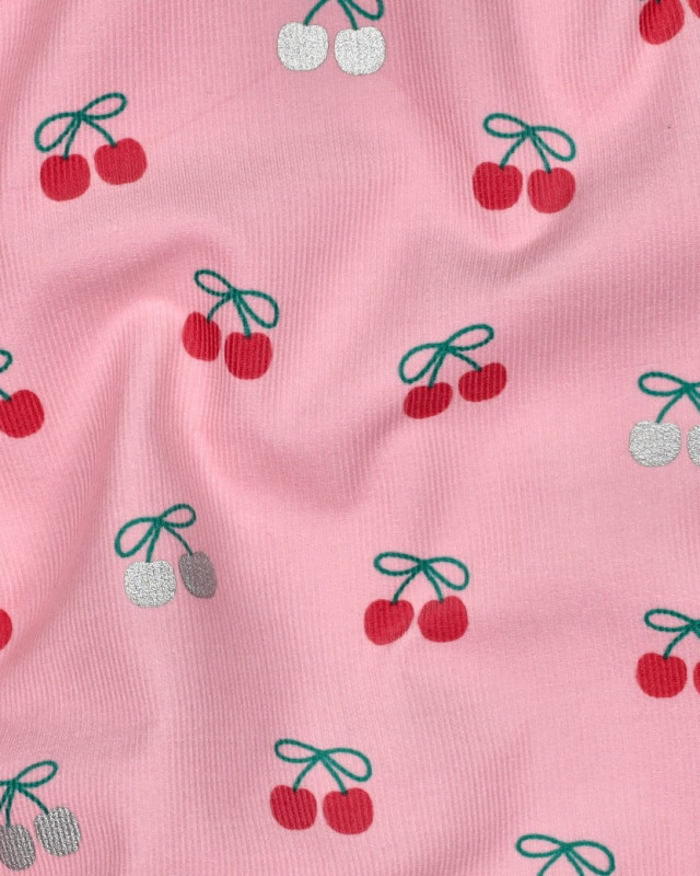 Tissu Velours Milleraies Rose Motif Cerises - Mercerine