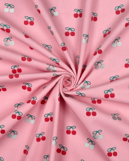 Tissu Velours Milleraies Rose Motif Cerises - Mercerine