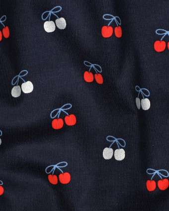 Tissu Velours Milleraies Bleu Marine Motif Cerises - Mercerine