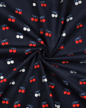 Tissu Velours Milleraies Bleu Marine Motif Cerises - Mercerine