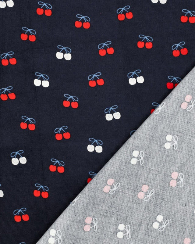 Tissu Velours Milleraies Bleu Marine Motif Cerises - Mercerine