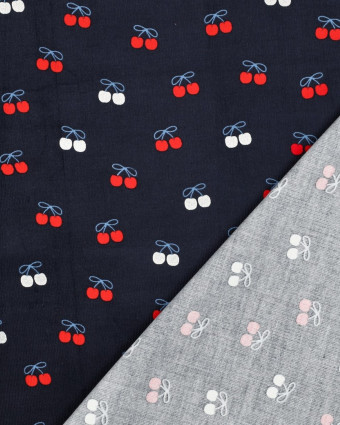Tissu Velours Milleraies Bleu Marine Motif Cerises - Mercerine
