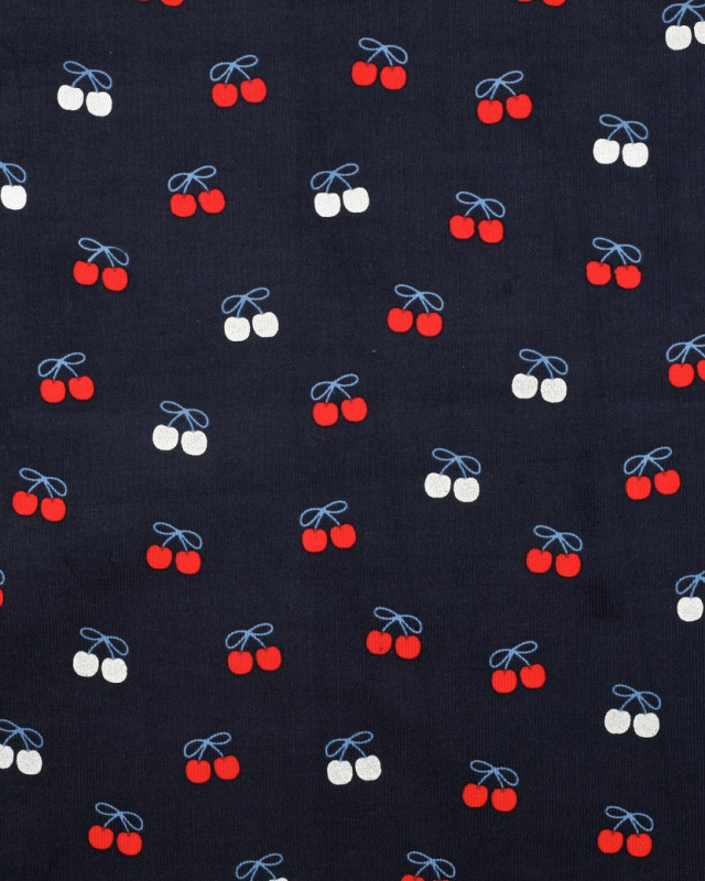 Tissu Velours Milleraies Bleu Marine Motif Cerises - Mercerine