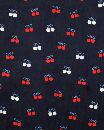 Tissu Velours Milleraies Bleu Marine Motif Cerises - Mercerine