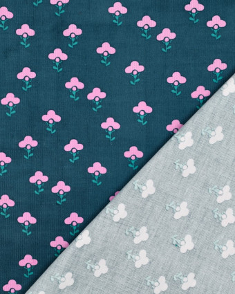 Tissu Velours Milleraies Vert Fleurs Roses - Mercerine
