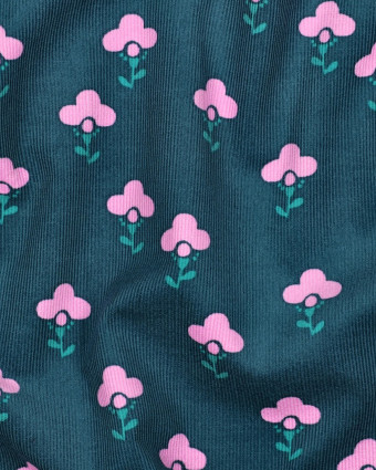 Tissu Velours Milleraies Vert Fleurs Roses - Mercerine