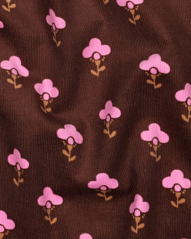 Tissu Velours Milleraies Cacao Fleurs Roses - Mercerine
