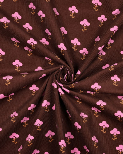 Tissu Velours Milleraies Cacao Fleurs Roses - Mercerine