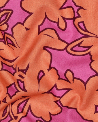 Popeline de Coton Motif Fleurs Rose Orange - Mercerine