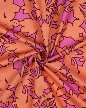 Popeline de Coton Motif Fleurs Rose Orange - Mercerine