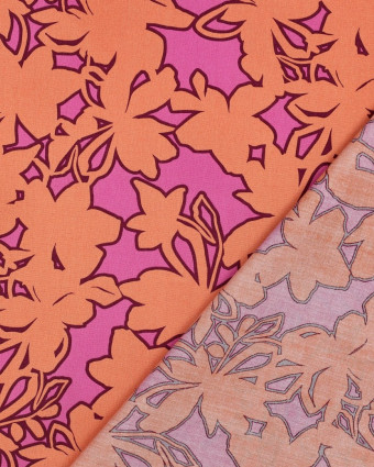 Popeline de Coton Motif Fleurs Rose Orange - Mercerine