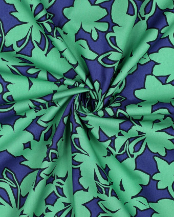 Popeline de Coton Motif Fleurs Bleu Vert - Mercerine