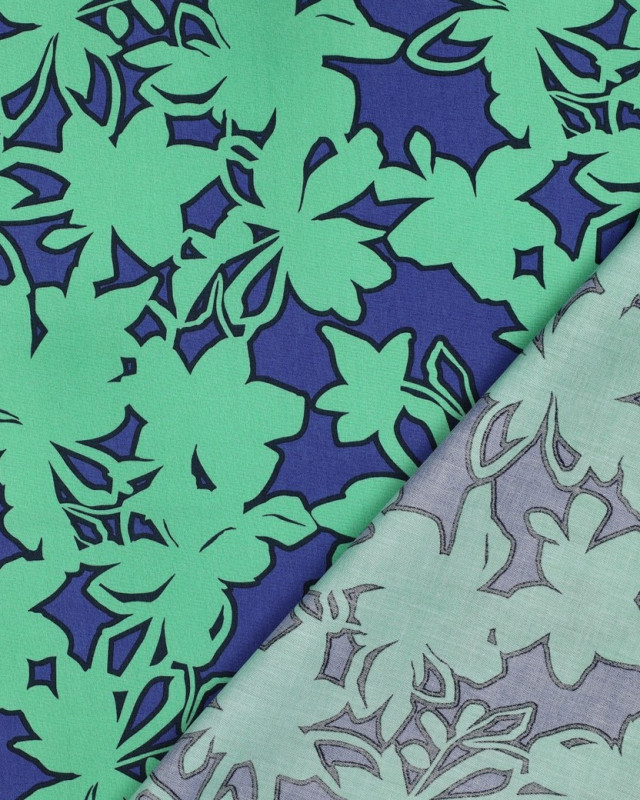 Popeline de Coton Motif Fleurs Bleu Vert - Mercerine