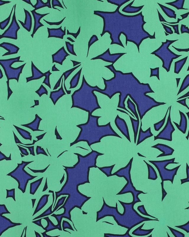 Popeline de Coton Motif Fleurs Bleu Vert - Mercerine