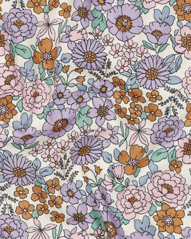 Popeline de Coton Motif Fleuri Ecru - Mercerine