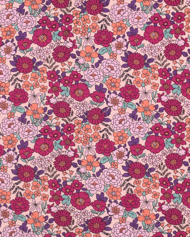 Popeline de Coton Motif Fleuri Framboise - Mercerine