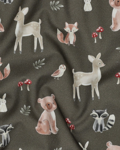 Popeline de Coton Kaki Motif Animaux de la Forêt - Mercerine