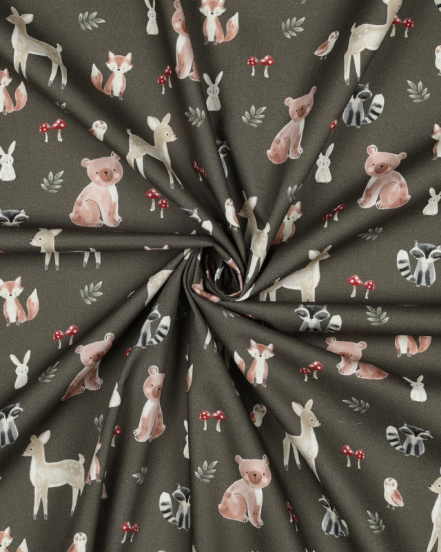 Popeline de Coton Kaki Motif Aminaux de la Forêt - Mercerine